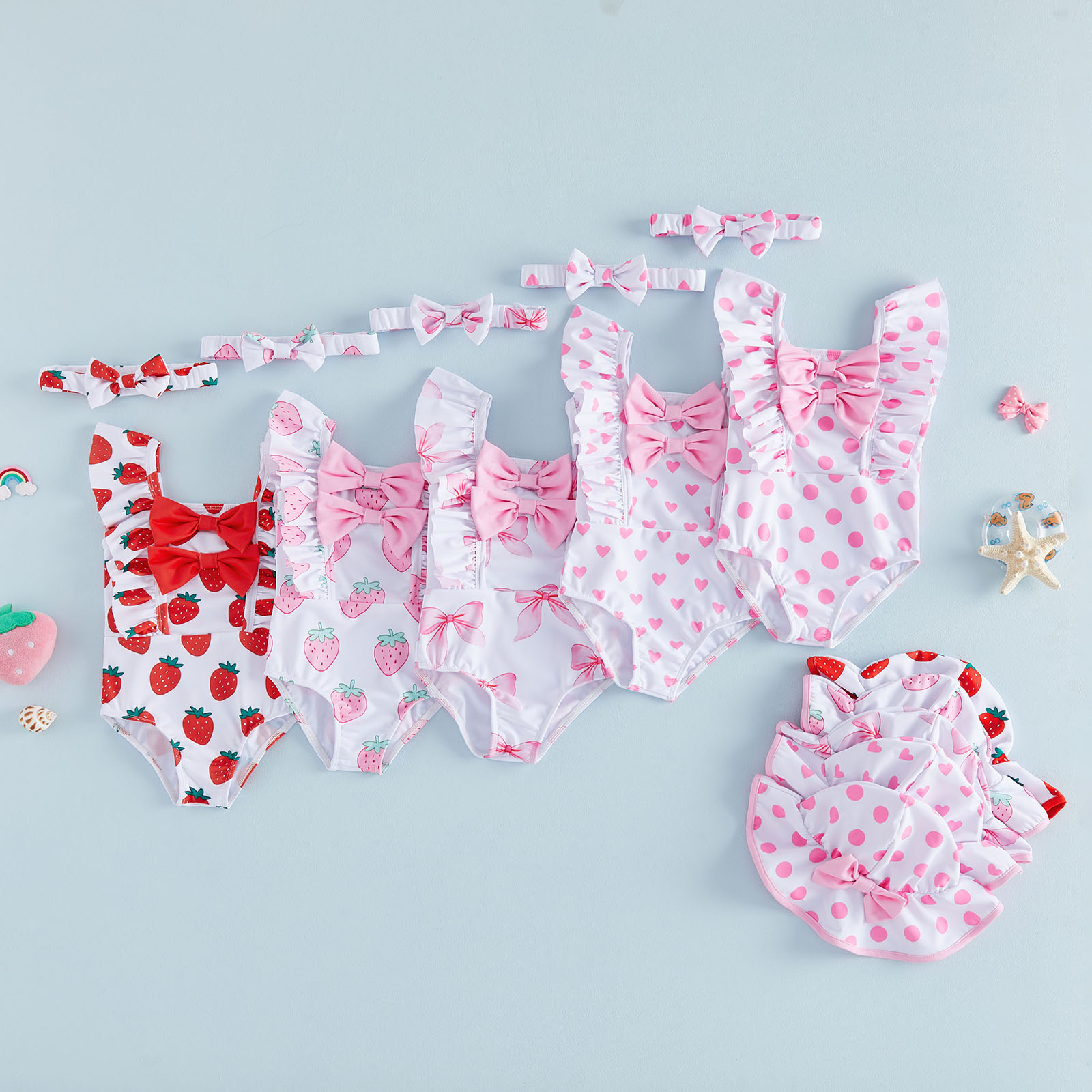 Baby Clothing Online - Kids Baby Girl Swimsuit Bow/Strawberry/Heart Print