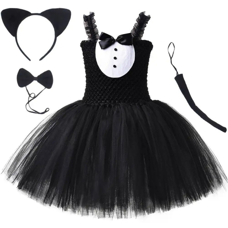 Baby Clothing Crochet - White Black Cat Tutu Dress for