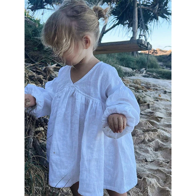 Baby Clothing Zara - Girls White Linen V-neck Long-Sleeved Dress